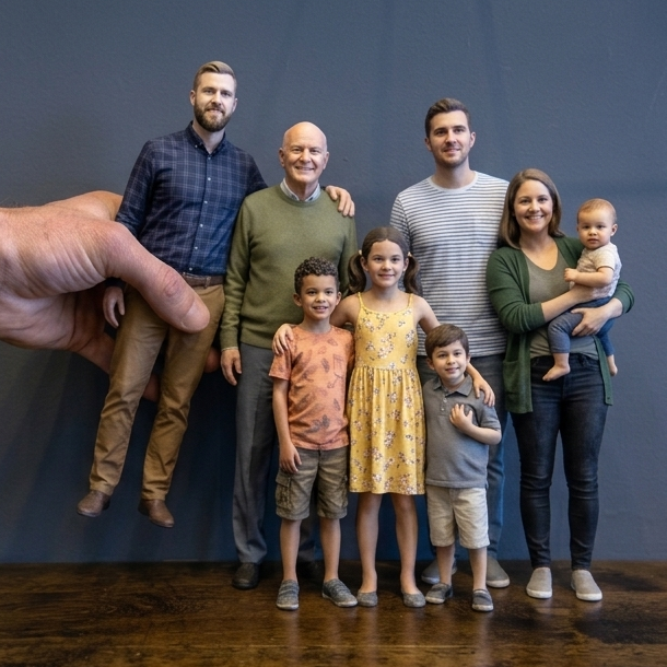 3D figurines of seven family members in front of a dark blue backdrop, with a large human hand holding the photo paper or backdrop in the foreground on a wooden table.